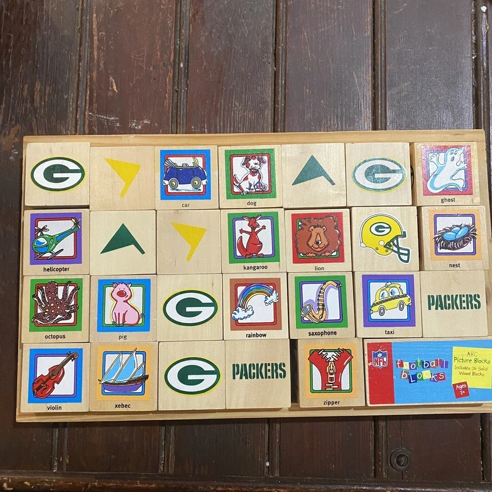 Licensed NFL Green Bay Packers Wood Alphabet ABC Picture Stacking Blocks